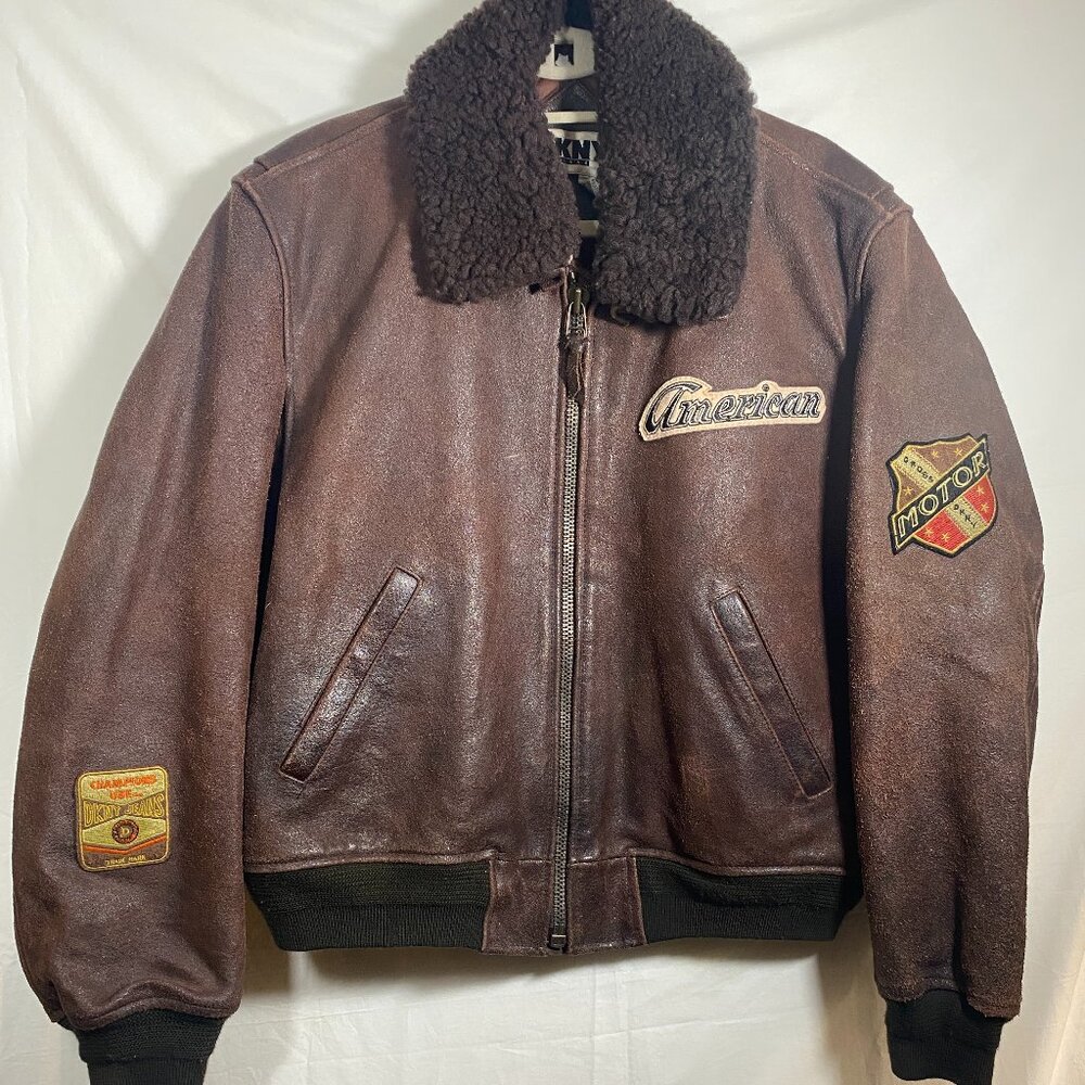 🔥 DKNY Leather Bomber Jacket w/ Shearling Collar 🔥